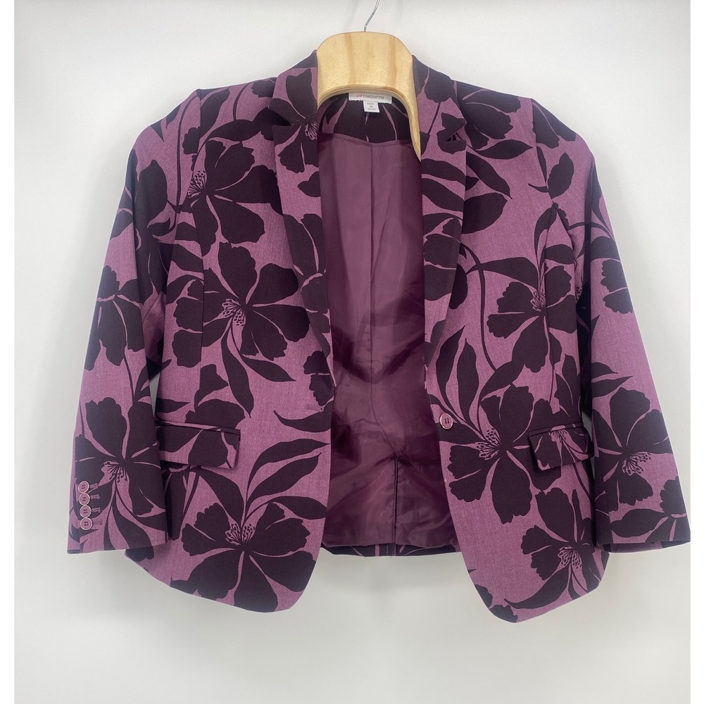 Liz Claiborne Blazer 16 Purple Floral Kate 3/4 Sleeve Single Button Excellent